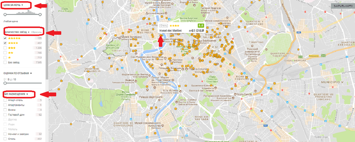 Как искать отели на карте города